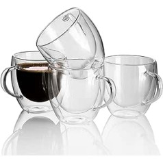 4 x 250 ml Double-Walled Insulated Glass Coffee Cups, Thermal Glasses for Hot and Cold Drinks, Heat Resistant Tea Glass, Coffee Glass, Glass Coffee Cups with Handle, Cups Latte Cappuccino