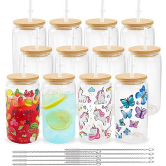 12 Pack Sublimation Glass Cups Blanks with Bamboo Lid 16oz Clear Glass Beer Cans Mason Jar for Iced Coffee Juice Lemonade