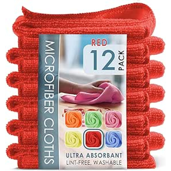 Hearth & Harbor Microfiber Cleaning Cloth, Microfiber Car Towels, Pack of 12 Washcloths, Red Cleaning Cloths, Reusable Microfiber Towel, Microfiber Cloth Cloth for Cleaning