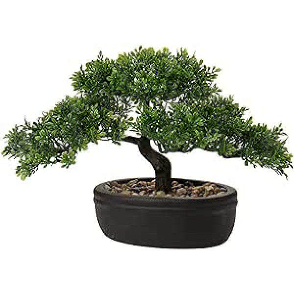 Artificial Bonsai, Realistic Artificial Plant Cedar Pine Podocarpus, Plastic Plant with Ceramic Planter in Black for Bathroom Decoration Desktop Office Windowsill