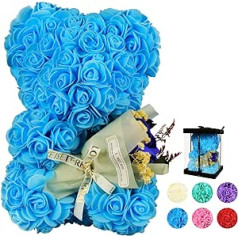 Artificial Rose Bear, Symbolizing Eternal Love, Suitable for Valentine's Day Gifts for Girlfriends, Lovers, Moms and Birthday Gifts (Blue)