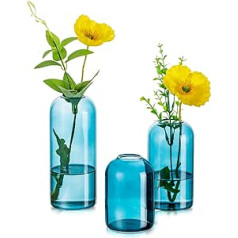 3 x Glass Small Cylinder Vase - Hewory Modern Bud Slim Blue Flower Vase Set for Wedding Decoration, Vintage Transparent Mini Vases for Living Room Table Decoration Bathroom Parties, Tulip Glass Vase