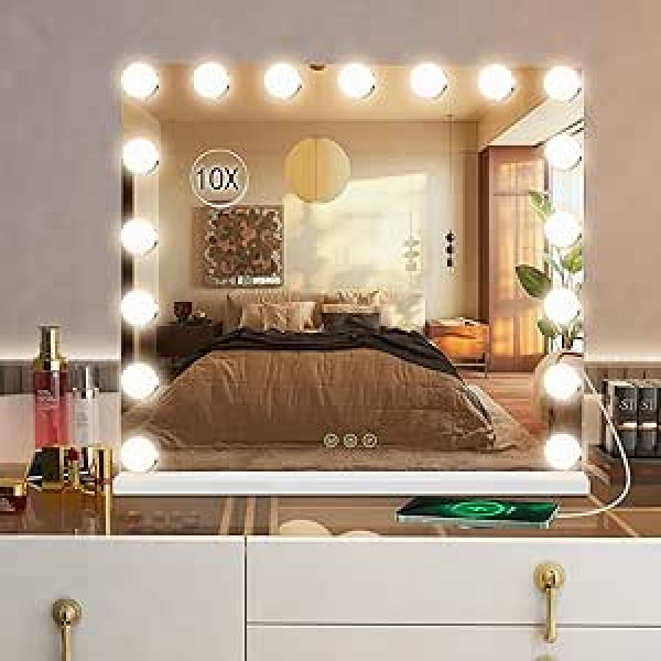 Guanglai Großer Kosmetikspiegel mit Lichtern, beleuchteter Make-up-Spiegel mit 17 Dimmer-Glühbirnen, Hollywood-Stil, großer Kosmetikspiegel mit 3 Farblichtern, Kosmetik-Tischspiegel für Schlafzimmer