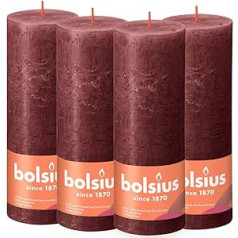 Bolsius Rustic Pillar Candles, Maroon, Pack of 4, 19 x 7 cm, Burning Length Time 85 Hours, Unscented, Natural Plant Wax, Without Palm Oil, Advent