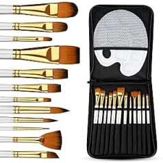 Pitello Set of 12 Paint Brushes for Acrylic, Watercolour and Oil Paints, Acrylic Brush Set with Palette and Bag, Watercolour Brush, Artist Brush, Brush