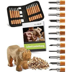 HOLZHELD Wood Carving Tool Set (14 Pieces) with Instructions for 1 Carving Project, 12 Carving Knives Made of SKS9 Carbon Steel with Practical Tool Bag
