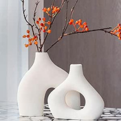 Ethlomoer Round Matte Doughnut Vases Set of 2, White Vase, Ceramic Vase for Pampas Grass, Boho Nordic Minimalism Flower Vase, Modern, Decorative Vase for Living Room, Wedding, Party, Office and