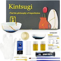 Kintsugi remonta komplekts Gold, salabojiet savu Cherish Ceramic ar zelta pulveri un 50 ml līmi un 57 g epoksīda špakteles, Kintsugi remonta komplekts iesācējiem, ideāls mākslas dāvanu komplekts, ar vingrošanas kausu