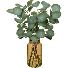 35 cm Artificial Eucalyptus Branches with Yellow Glass Vase, Eucalyptus Plastic Plant Eucalyptus Artificial Plants Realistic Eucalyptus Decoration Silver Dollar for Wedding Table Decoration Office Living Room