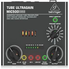 Behringer TUBE ULTRAGAIN MIC500USB Audiophile vakuuma cauruļu priekšpastiprinātājs ar priekšpastiprinājuma modelēšanas tehnoloģiju un USB/audio interfeisu