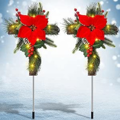 VIHOSE 2 Pack Ziemassvētku Saules krusta miets kapsētai Grave 3 ft Cross āra saules gaismas ar rotangpalmas puansetiju, priežu čiekuriem, sarkanām ogām, priežu skujām dārzam, pagalmam, zālienam,