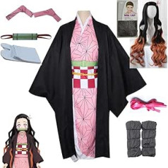 kelihood Japanese Anime Demon Slayer Cosplay: Kimetsu no Yaiba Nezuko Kamado Cosplay kostīmu kimono komplekts ar parūku, piemērots Cosplay komiksu izstādēm Viens vesels komplekts L