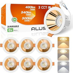 ALUSSO LIGHTING LED Einbaustrahler, 6W 540lm Ø75mm, Blendfrei Dimmbar 3CCT Warmweiß Naturweiß Kaltweiß, für Schlafzimmer, Gold Weiß Deckenspot 230V, 6er