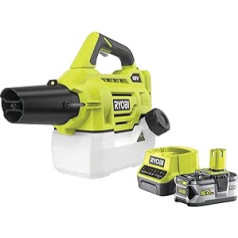 RYOBI 18 V ONE+ akumulatora miglas smidzinātājs RY18FGA-150 (diapazons 4,5 m, plūsmas ātrums 7,2 l|h, platības pārklājums uz min. 93 m², vidējais daļiņu izmērs 40 µm, iekļauts 1 x 5,0 Ah akumulators)