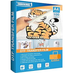 Carbcolords DTF Transfer Film A4 PET siltuma pārneses papīrs DYI Direct uz T-krekliem, zeķēm, somām, tekstilizstrādājumiem, 21,1 x 29,7 cm, 100 loksnes