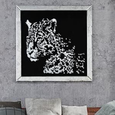 Artloge Wall Picture Square Crystal 60x60, Leoparda dekoratīvais sienas spogulis, sudraba stikla rāmis — grezna kristāla struktūra, viesistabai, guļamistabai un vannas istabai