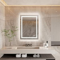 LUVODI Bathroom Mirror with Double Lighting: 80 x 60 cm LED Bathroom Wall Mirror Illuminated with Three Smart Touch Switches Anti-Fog Dimmable Warm White/White/Neutral 3500-6500K