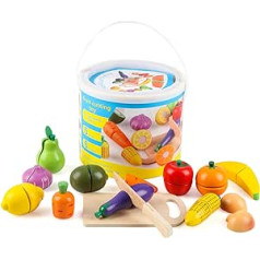 Wondertoys Wooden Fruit Vegetable Cutting Set Wooden Food Role Play Kitchen Play Set Educational Toy 3 4 5 6 Years Old Children (13 Pieces)