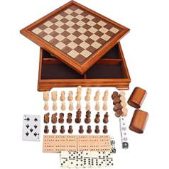 GSE 7-in-1-Brettspiel-Set aus Holz, Schach, Dame, Backgammon, Dominosteine, Cribbage-Brett, Spielkarte & Pokerwürfel-Spiel-Kombi-Set (Deluxe)