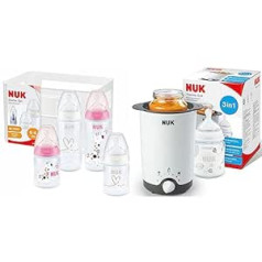 NUK First Choice+ zīdaiņu pudelīšu sākuma komplekts, 0-6 mēneši, 4 pudeles ar temperatūras kontroli un pudeļu kastīti, pretkoliku gaisa sistēma, bez BPA, 5 gabali, rozā un termisks trīs vienā pudelīšu sildītājs