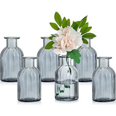 Glasseam Small Vases Set Glass Vase, 6 Pieces Mini Flower Vase, Grey Vintage Vase, Glass Round Glass Vases, Bottle Vase, Colourful Small Ribbed Table Vase, Vase Set, Glass Bottle Decoration for