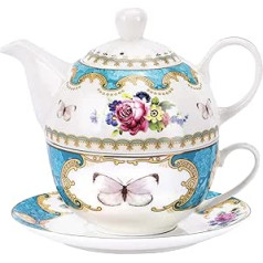 fanquare Vintage rožu ziedu tēja vienam komplektam, tirkīza porcelāna kafijas tasīšu komplekts ar tējkannu, krūzīti un apakštasīti