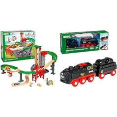 BRIO World 33887 Large Warehouse Set with Elevator - from 3 Years & World 33884 Battery Steam Locomotive with Water Tank - Locomotive with Real Cool Steam and Water Container for Refill