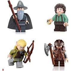 Lego Gredzenu pavēlnieka minifigūras kombinācija — Gendalfs Pelēkais burvis, Legolass, Džimli un Frodo Baginss (ar vienu gredzenu)