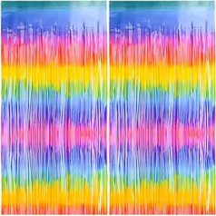 KONUNUS 2 Pieces Metallic Tinsel Curtains, 1 m x 2 m Rainbow Foil Fringe Curtain Foil Fringe Backdrop for Birthday Party Decorations