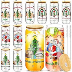 Mifoci 12 Stück Weihnachtsbecher mit Bambusdeckel und Glasstrohhalmen, 590 ml, Weihnachts-Einmachgläser, Geschenke für Lehrer, Krankenschwester, Freunde, Frauen, Kinder, Männer, Kaffeetassen, Tee