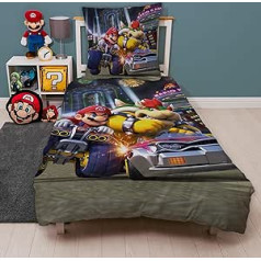 Bērnu grozāms gultas veļas komplekts, Super Mario Kart, zēnu gultas veļa 135 x 200 cm, 80 x 80 cm, 100% kokvilna ar rāvējslēdzēju, tumšs bumbuļa motīvs ar Mario un Bowser