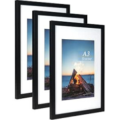 A3 Black Wooden Photo Frame with Mount - Pack of 3 - A4 Picture or Certificate Holder - Wall Mounted