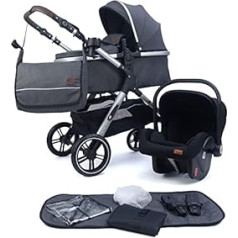 Pixini Nelio 3-in-1 Combination Pushchair with Carrycot & Buggy & Car Seat & Changing Bag/Cup Holder/Rain Cover/Adapter (Silver/Grey)