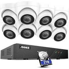 Annke H.265 Pro+ 5 MP PoE novērošanas kameru sistēmas komplekts, 4K 8CH videonovērošanas NVR ierakstītājs, 2 TB cietais disks ar 8X 5 MP HD IP kameru lietošanai ārā/iekštelpās, EXIR nakts redzamība, kustības noteikšana