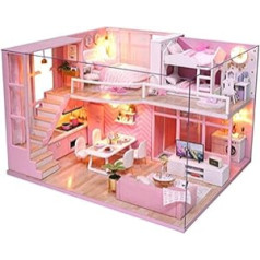 DIY leļļu mājas komplekts, miniatūra 3D rozā meiteņu koka bēniņu montāžas leļļu namiņš ar LED gaismu bērniem Zēniem meitenēm Mājas dekors dzimšanas dienas Ziemassvētku dāvanu namiņi
