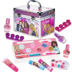 Набор для косметического макияжа Townley Girl Barbie Train Case EL включает в себя блеск для губ, блеск для глаз, кисти, лак для ногтей, аксессуары для ногт