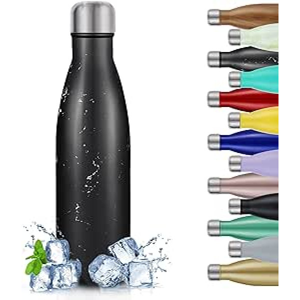 TITIROBA Stainless Steel Water Bottle, 500 ml, Vacuum Insulated, Leak-Proof Thermos Flask, Insulated Flask, BPA-Free, 24 Hours Cold and 12 Hours Hot Black Crystal Marble