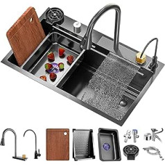 Kitchen Sink Black Square Waterfall Sink One Bowl Double Bowl Sink 304 Stainless Steel Sink With Multiple Accessories Cup Washing Machine (Color : Gun Grey, Size : 75 * 45cm)