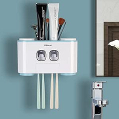 Automatic Toothpaste Dispenser and Toothbrush Holder for Wall Mounting, Includes 2 Toothpaste Squeezers, 4 Cups, 5 Slots for Toothbrushes, with Dustproof Cover, Blue