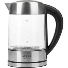 Adler AD 1247 Kettle Stainless Steel and Glass, 1.7 L, 2200 W, Digital Glass Kettle with Temperature Selection 60-100 °C, LED Lighting with Colour Changing, Limescale Filter, AD 1247 NEW,