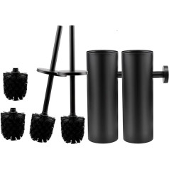 EXLECO Set of 2 Toilet Brush Toilet Brush Set with 2 Replacement Brushes No Drilling Toilet Brush and Stainless Steel Container Set Wall Mounted & Standing with Lid Long Handle for Bathroom Matt Black