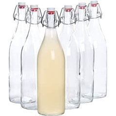 Bormioli Glass Bottles with Swing Top 'Giara', 6 Pieces, Capacity 1000 ml, Total Height 32 cm, Swing Bottles, 1 Litre Oil Bottles, Liquor Bottles, Juice Bottles, Preserving Bottles