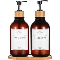 2 x Soap Dispenser 16 oz Refillable Hand Soap Shampoo Lotion Bottles with Drip Free Bamboo Pump Tray and Waterproof Labels for Countertop, Bathroom, Kitchen and Laundry Room (Brown)