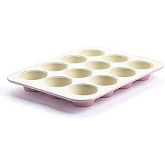GreenLife veselīgs keramikas nepiedegošs pārklājums 12 mafinu paplāte, tortes, kūciņas, bez PFAS, mazgājams trauku mazgājamajā mašīnā, glabājams cepeškrāsnī līdz 230°C, viegli atbrīvojams, saldētavā droši, rozā