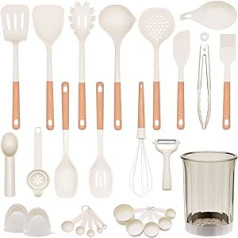 Silikona virtuves piederumu komplekts ar trauku, nepiedegošs, karstumizturīgi virtuves piederumi ēdiena gatavošanai (KSD-White-28 gabali)