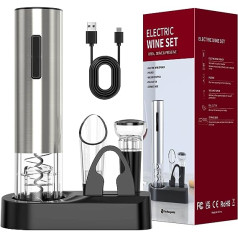 Crenova 4-in-1 elektroniskais vīna attaisāmais, uzlādējams automātisks korķviļķu vīna pudeļu attaisāmais ar vīna sūkni, vīna aerators, vīna folijas griezējs un USB uzlādes kabelis, eleganti melns