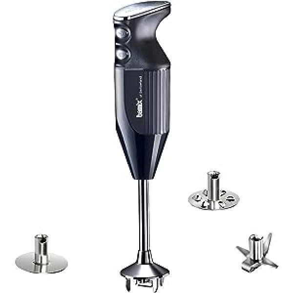 bamix M250 Prime Hand Blender Set Including Multifunctional Knife, Whisk, Stainless Steel Impact Disc, 250 Watt, 2 Levels, Made in Switzerland, Black/Chrome