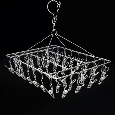 1 Piece Stainless Steel Clothes Rack, Multifunctional Rectangular Windproof Sock Hanger with 40 Pieces High Stretch Metal Clothes Pegs for Drying Socks and Underwear.