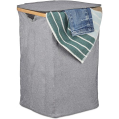 Relaxdays Laundry Basket with Lid Foldable Laundry Bag Bamboo & Fabric Square Laundry Bin Portable 42L Grey