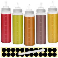 Happybase 22 oz izspiežamās pudeles ar vāciņiem, 680 ml, iepakojumā 5 plastmasas izspiežamās pudeles, ar izmēriem kečupam, grilam, mērcēm, sīrupam, mērcēm (24 melnas etiķetes, 1 pildspalva)